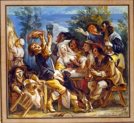 Eine Party trinkt vor einem Gasthaus